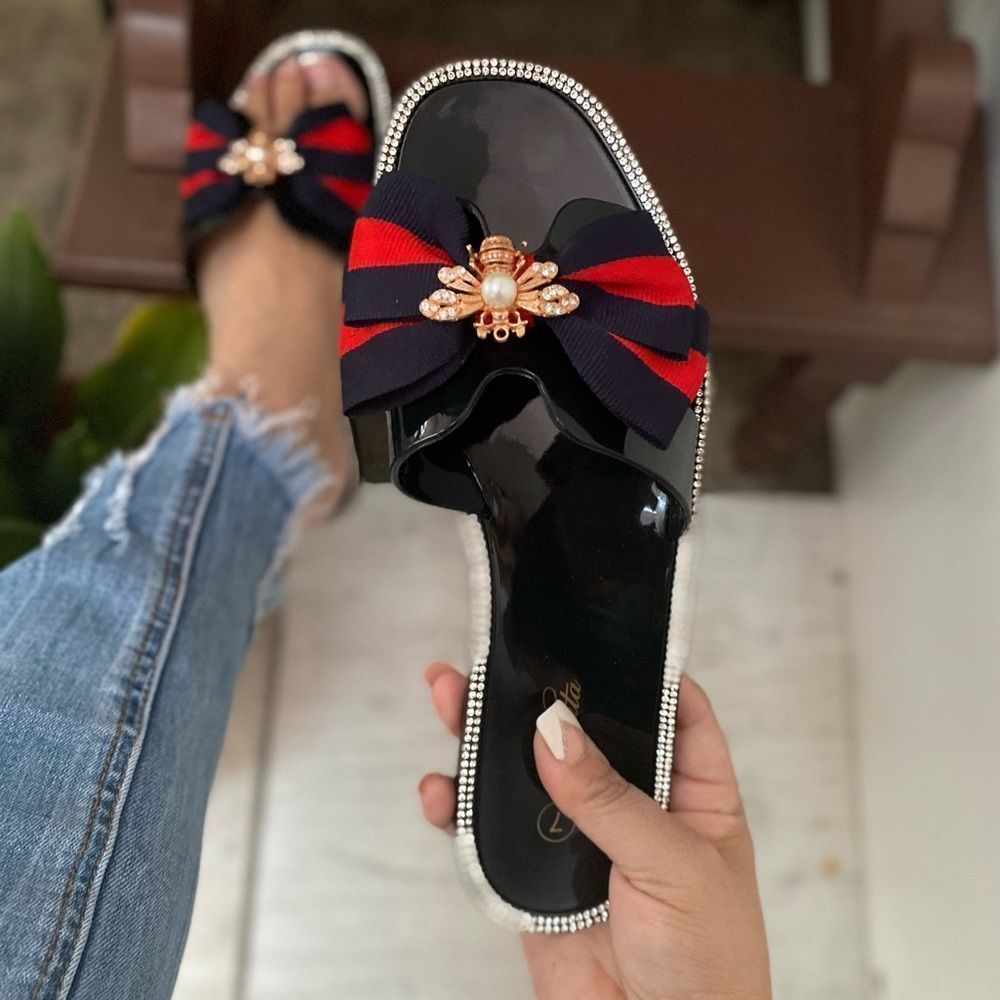 Black Jelly Bee Bow Sandal Slides